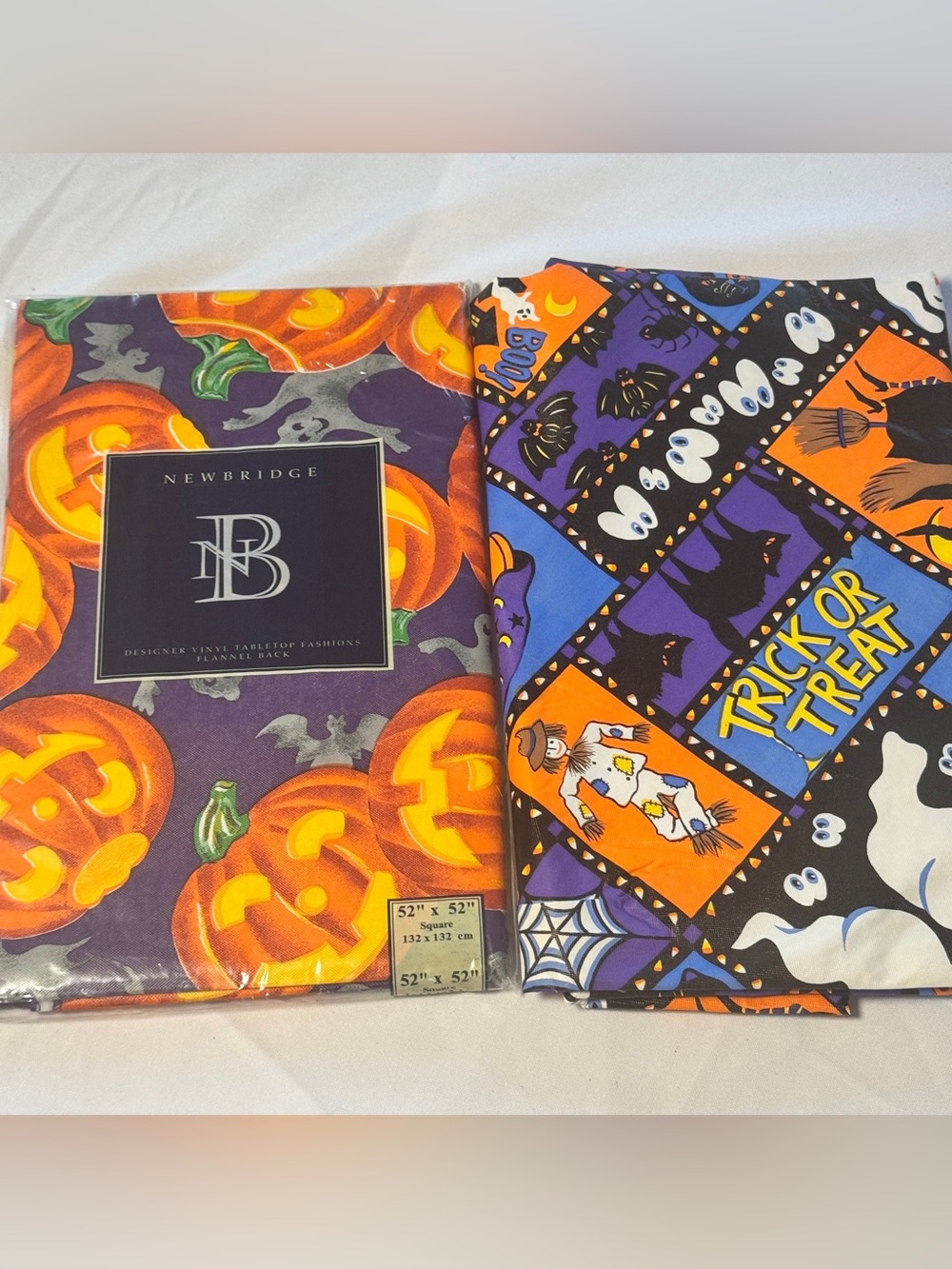 2 Halloween Flannel Backed Vinyl Tablecloth Square and Round Orange Purple LOT